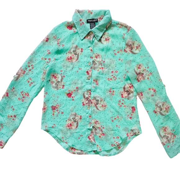 ABOUT A GIRL Women's Shirt XS Green Sheer Skulls Flowers Rock Metal Goth X Small - Picture 4 of 9